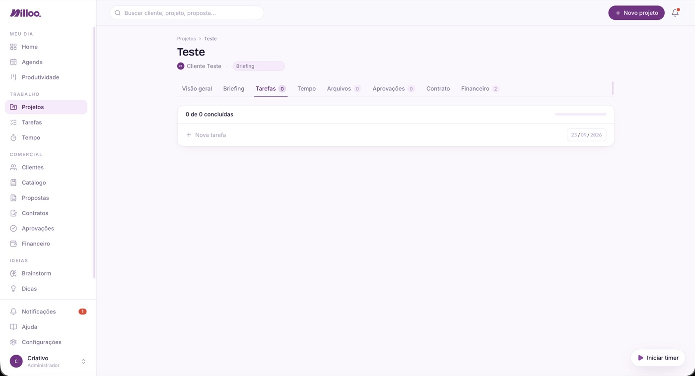 Projeto aberto com abas de tarefas, tempo, arquivos, aprovações, contrato e financeiro
