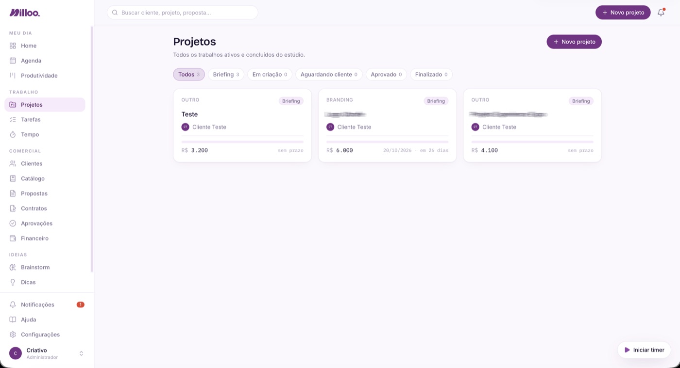 Lista de projetos com status e prazos