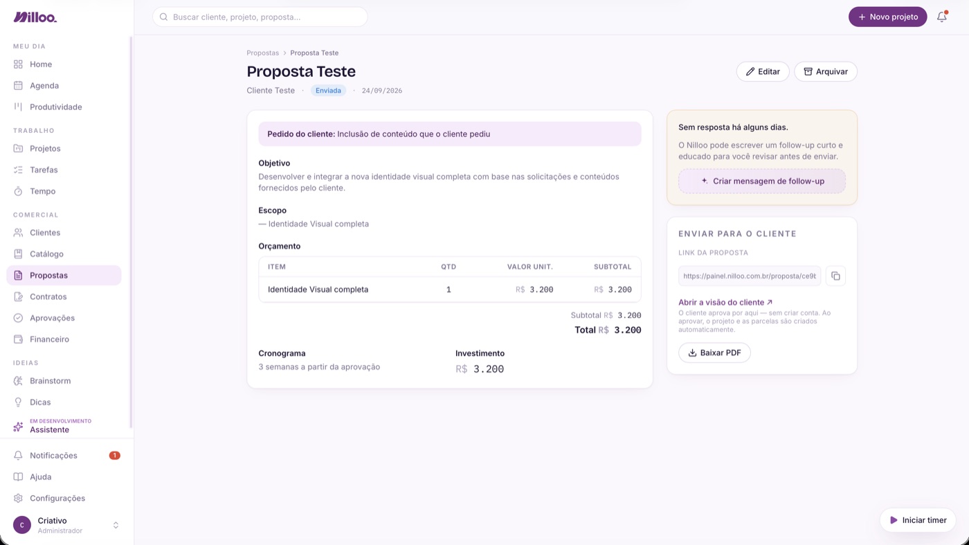 Proposta com orçamento, link para o cliente e follow-up sugerido